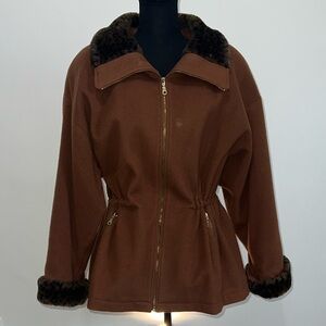 Vintage Wool Women's Jacket with Faux Leopard Fur Trim